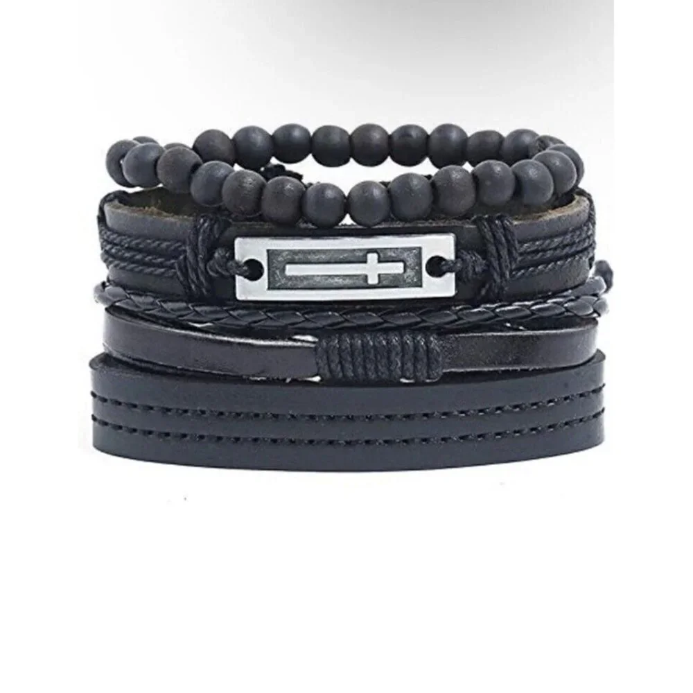 Black Leather Bracelet Woven Braided Bracelets Hemp Cords Wood Beads Set of 4